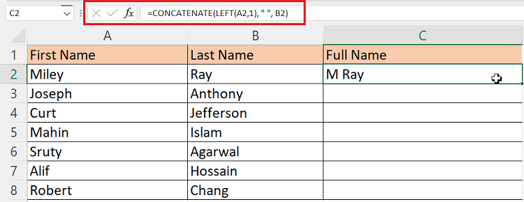 Combining Initial and Surname in Excel 2