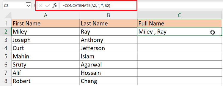 Combining the First and Last Name with Comma in Excel 2