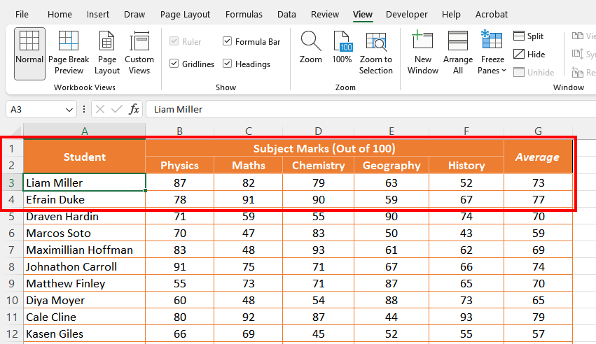 Freezing 2 Rows Using Freeze Panes in Excel 6