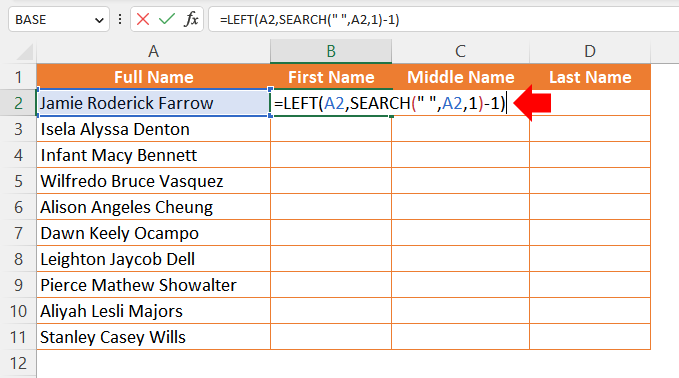 Splitting Cell Values with Text Functions in Excel 1