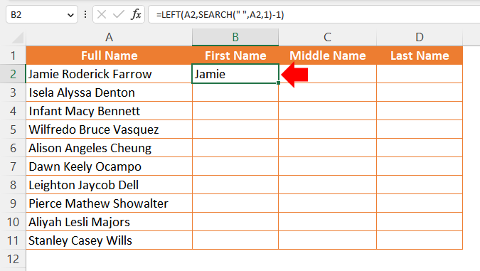 Splitting Cell Values with Text Functions in Excel 2
