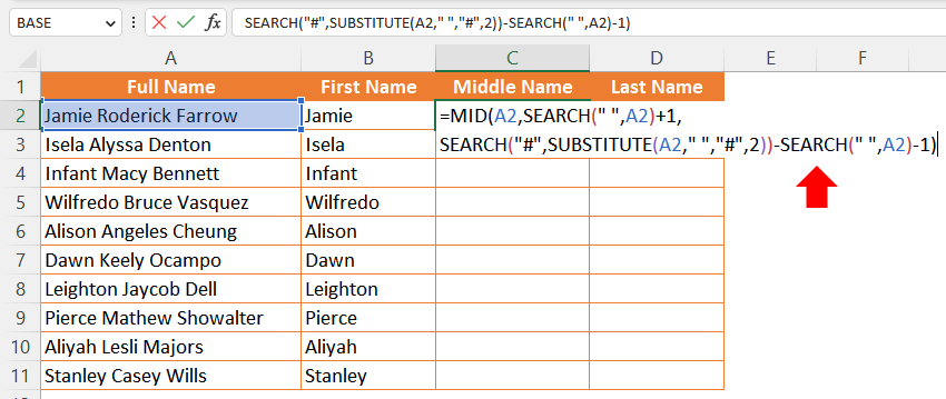 Splitting Cell Values with Text Functions in Excel 3