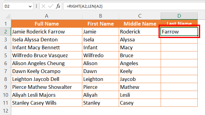 Splitting Cell Values with Text Functions in Excel 6