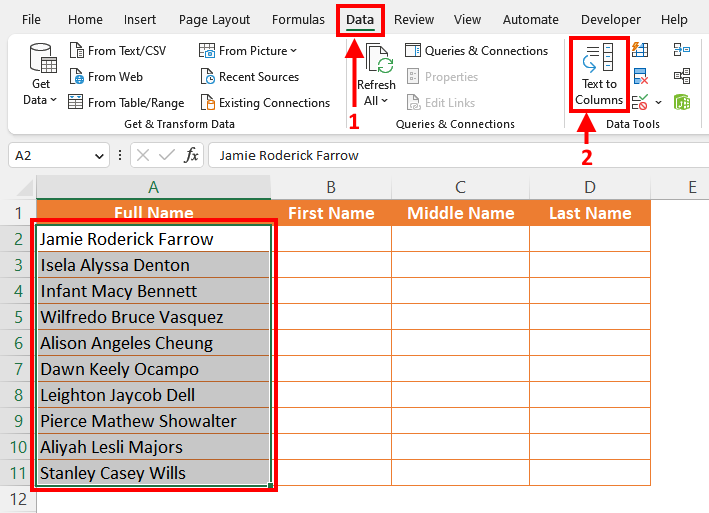 Using the Text to Columns Option 1
